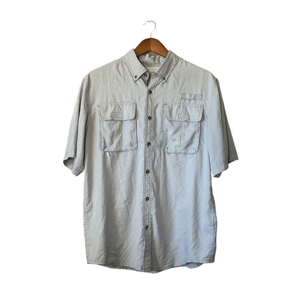 Cabelas Mens Short Sleeve Button Down Fishing Hiking Shirt Gray Gingham Size M